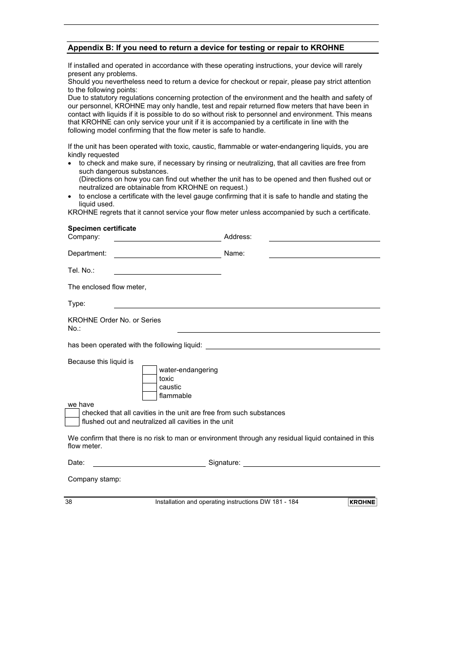 KROHNE DW 181-182-183-184 EN User Manual | Page 38 / 39