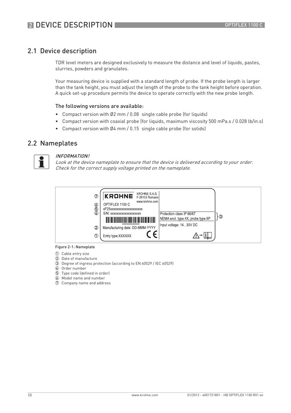 Device description, 1 device description, 2 nameplates | KROHNE OPTIFLEX 1100C EN User Manual | Page 10 / 72