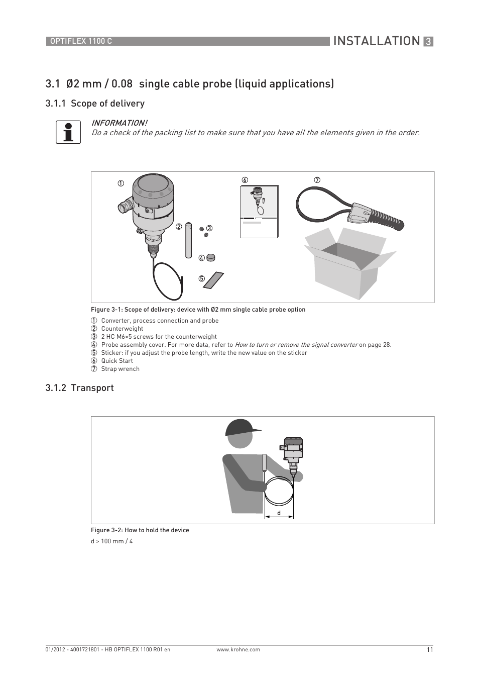 Installation, 1 scope of delivery 3.1.2 transport | KROHNE OPTIFLEX 1100C EN User Manual | Page 11 / 72