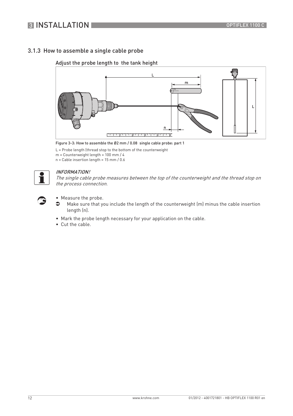 Installation, 3 how to assemble a single cable probe | KROHNE OPTIFLEX 1100C EN User Manual | Page 12 / 72