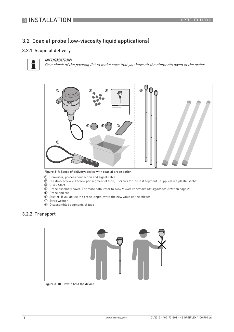 Installation, 1 scope of delivery 3.2.2 transport | KROHNE OPTIFLEX 1100C EN User Manual | Page 16 / 72