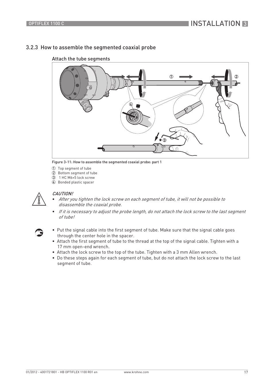 Installation, 3 how to assemble the segmented coaxial probe | KROHNE OPTIFLEX 1100C EN User Manual | Page 17 / 72