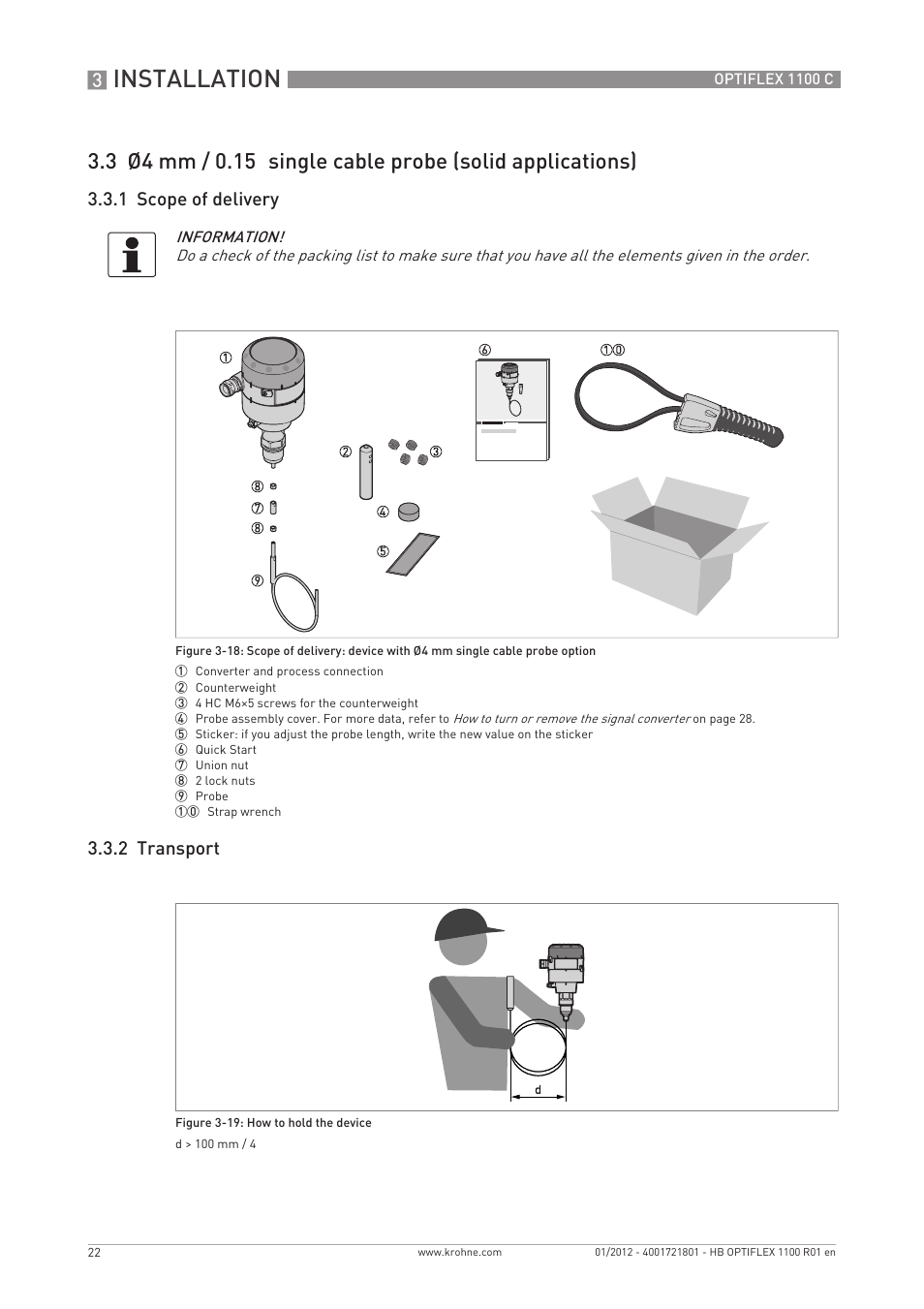 Installation, 1 scope of delivery 3.3.2 transport | KROHNE OPTIFLEX 1100C EN User Manual | Page 22 / 72