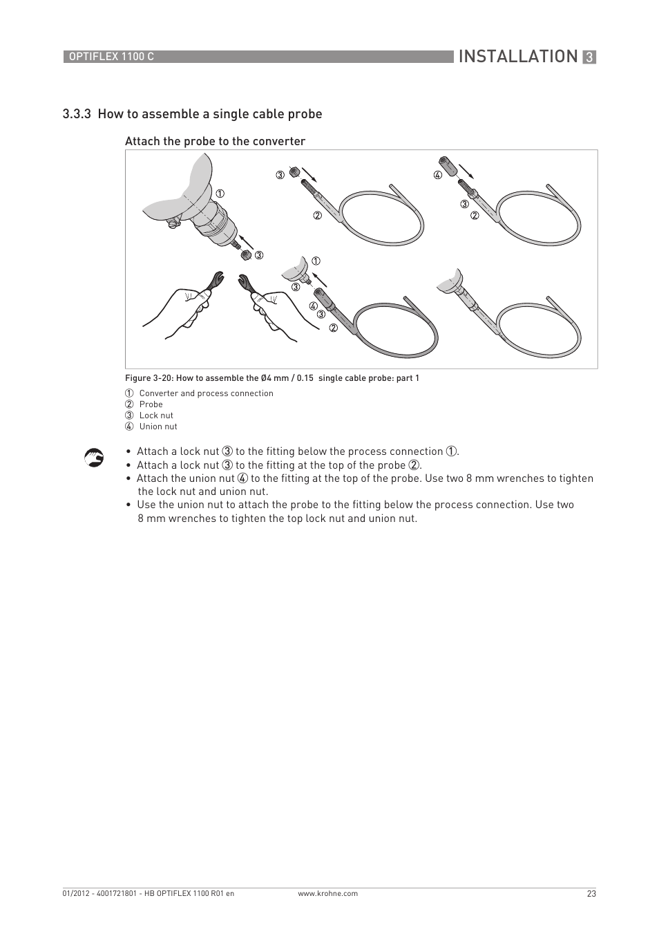 Installation, 3 how to assemble a single cable probe | KROHNE OPTIFLEX 1100C EN User Manual | Page 23 / 72