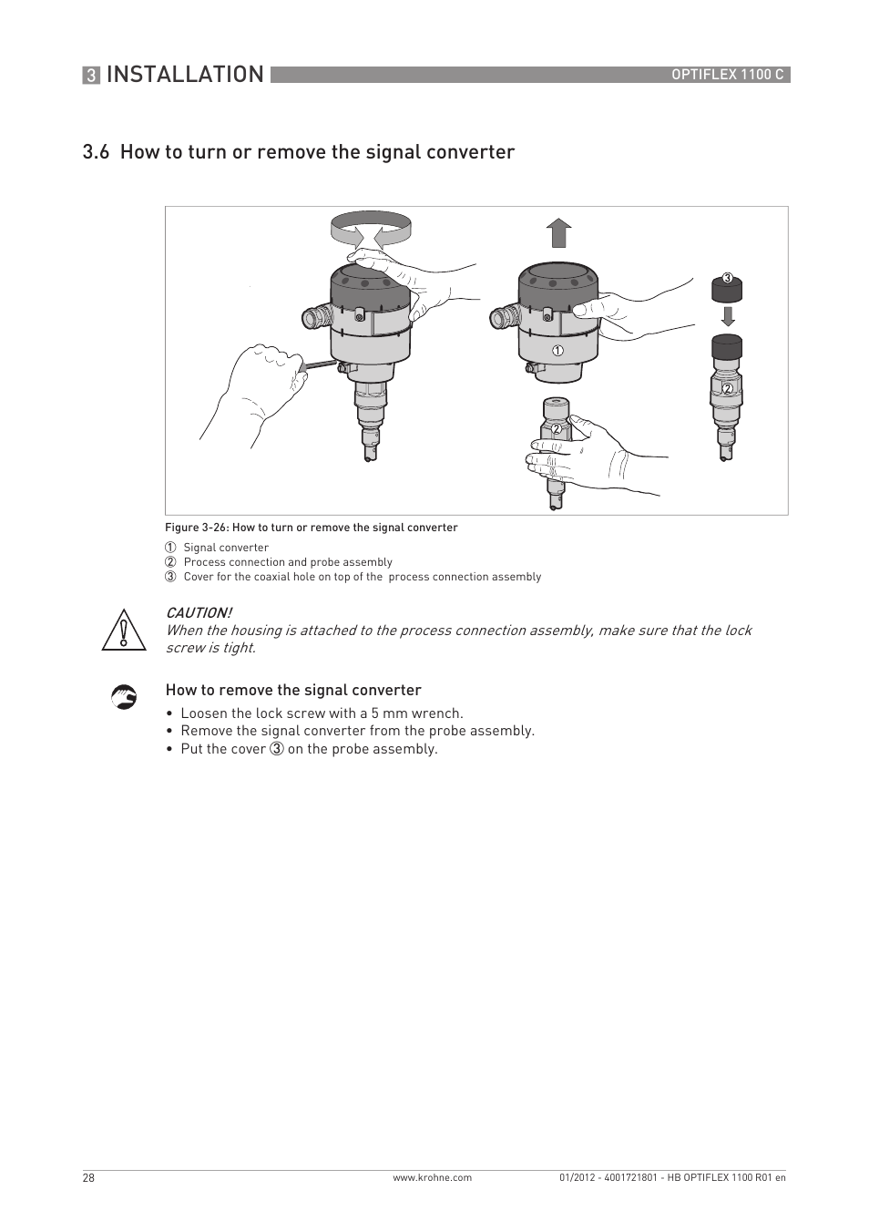Installation, 6 how to turn or remove the signal converter | KROHNE OPTIFLEX 1100C EN User Manual | Page 28 / 72