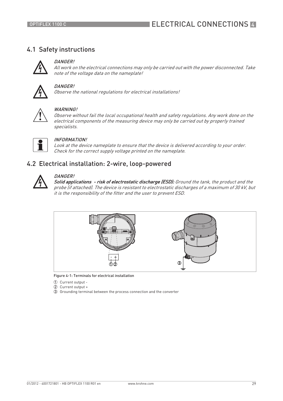 Electrical connections | KROHNE OPTIFLEX 1100C EN User Manual | Page 29 / 72