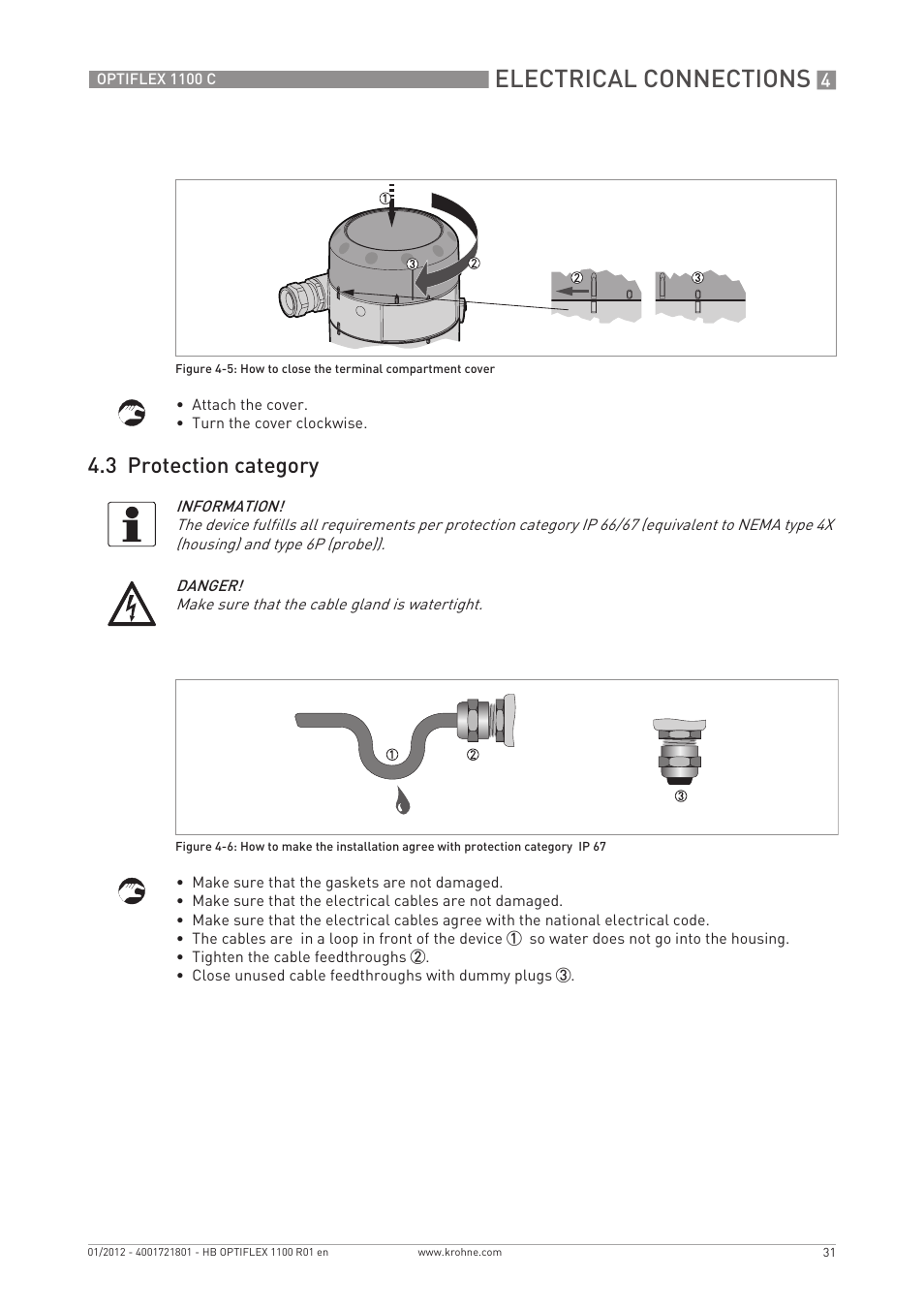 Electrical connections, 3 protection category | KROHNE OPTIFLEX 1100C EN User Manual | Page 31 / 72