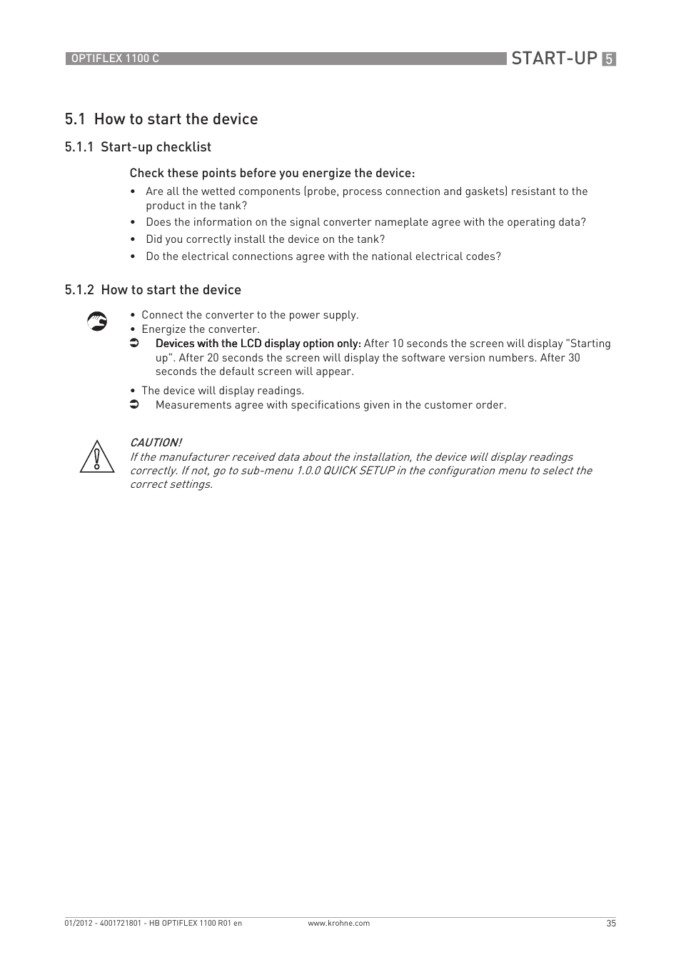 Start-up, 1 how to start the device | KROHNE OPTIFLEX 1100C EN User Manual | Page 35 / 72