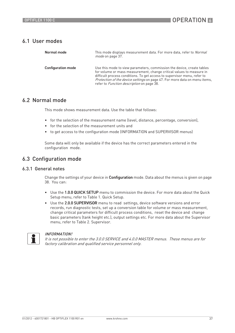 Operation, 1 user modes 6.2 normal mode, 3 configuration mode | KROHNE OPTIFLEX 1100C EN User Manual | Page 37 / 72