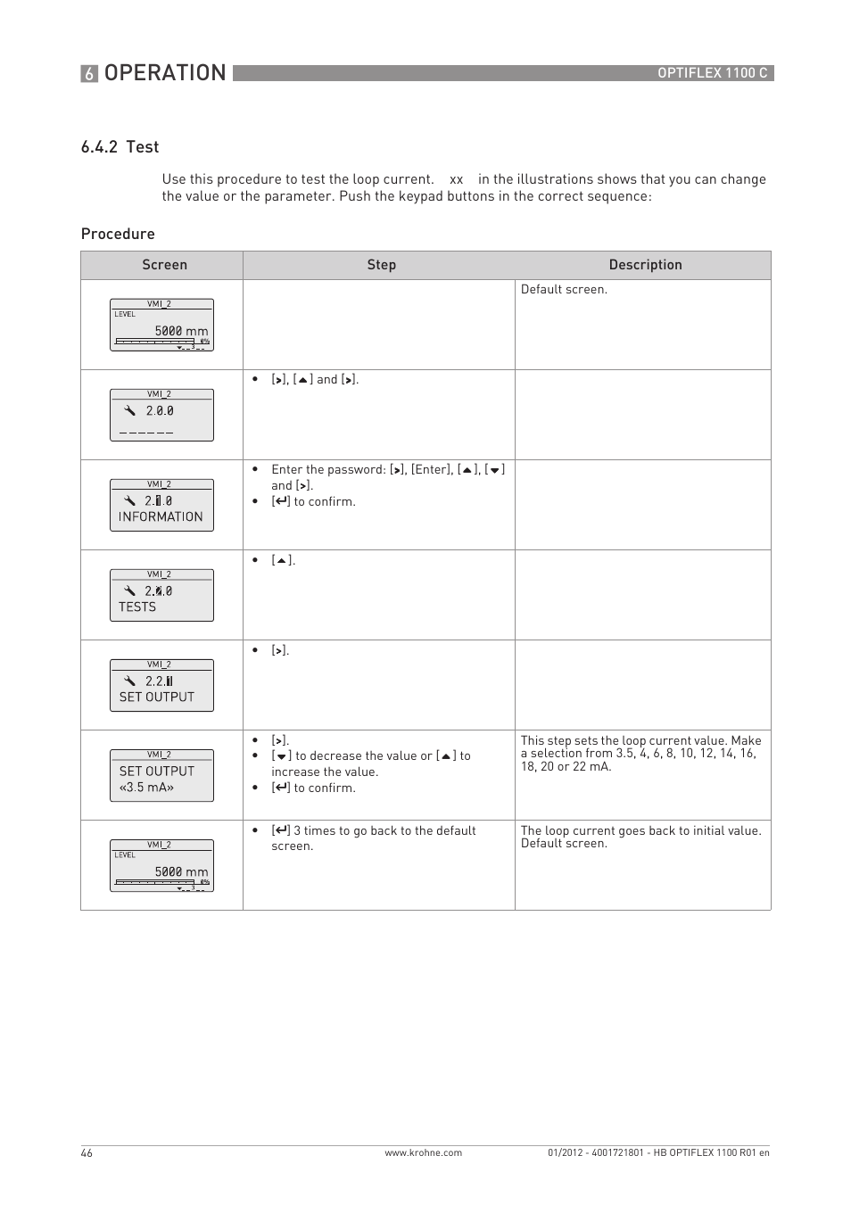 Operation, 2 test | KROHNE OPTIFLEX 1100C EN User Manual | Page 46 / 72