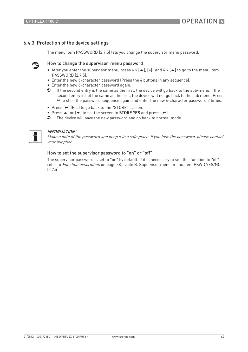 Operation, 3 protection of the device settings | KROHNE OPTIFLEX 1100C EN User Manual | Page 47 / 72