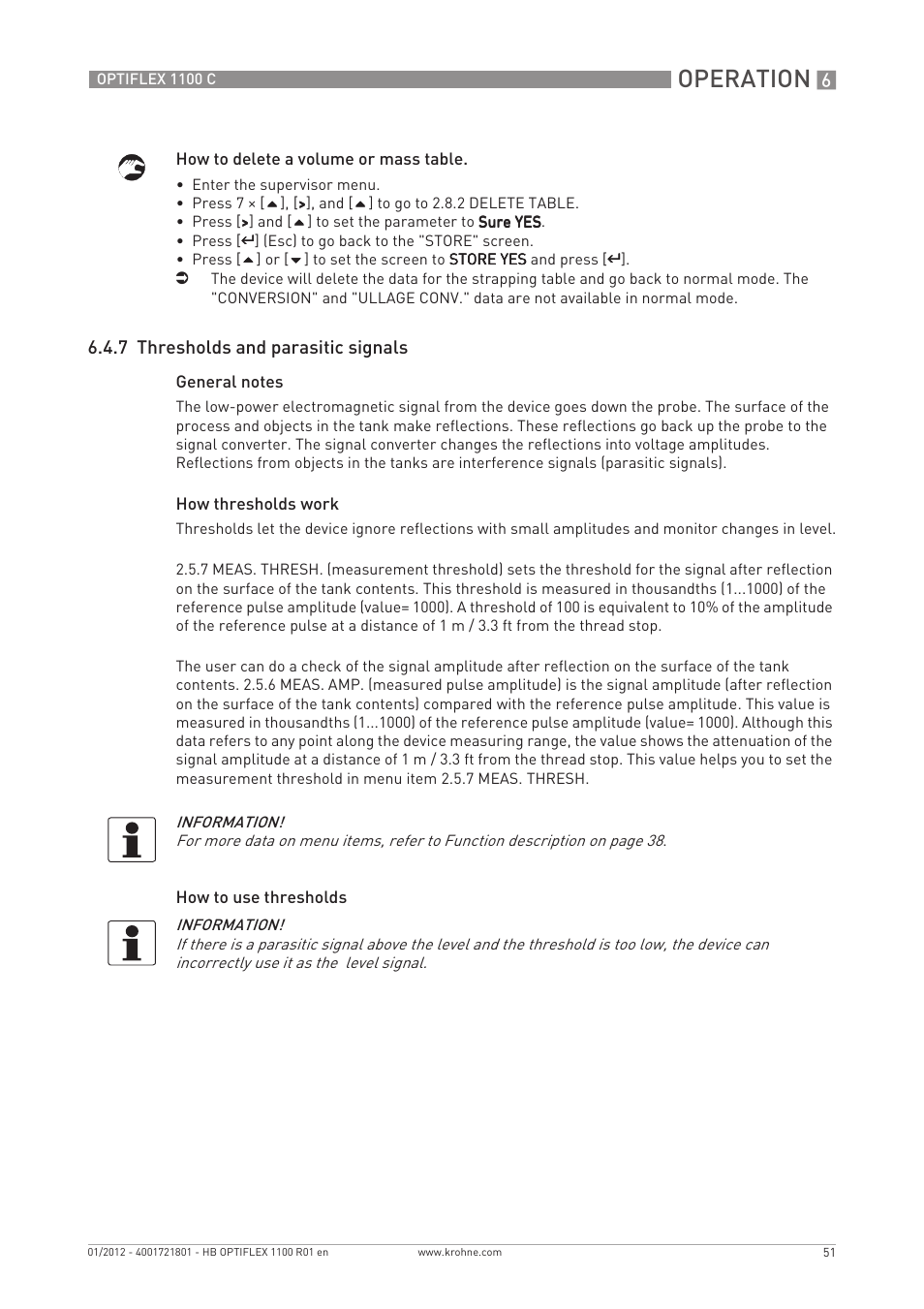 Operation, 7 thresholds and parasitic signals | KROHNE OPTIFLEX 1100C EN User Manual | Page 51 / 72