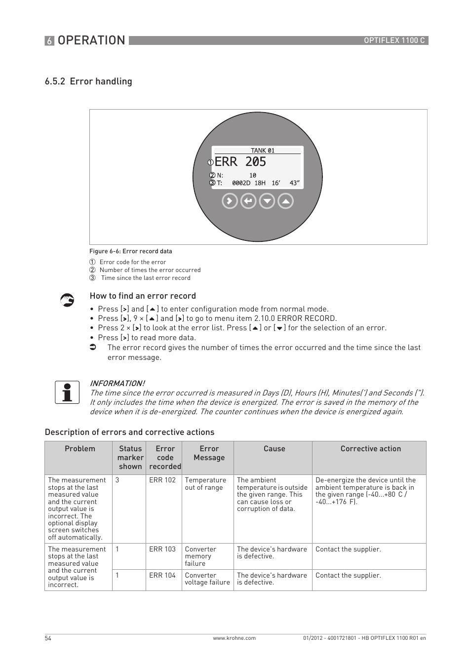 Operation, 2 error handling | KROHNE OPTIFLEX 1100C EN User Manual | Page 54 / 72