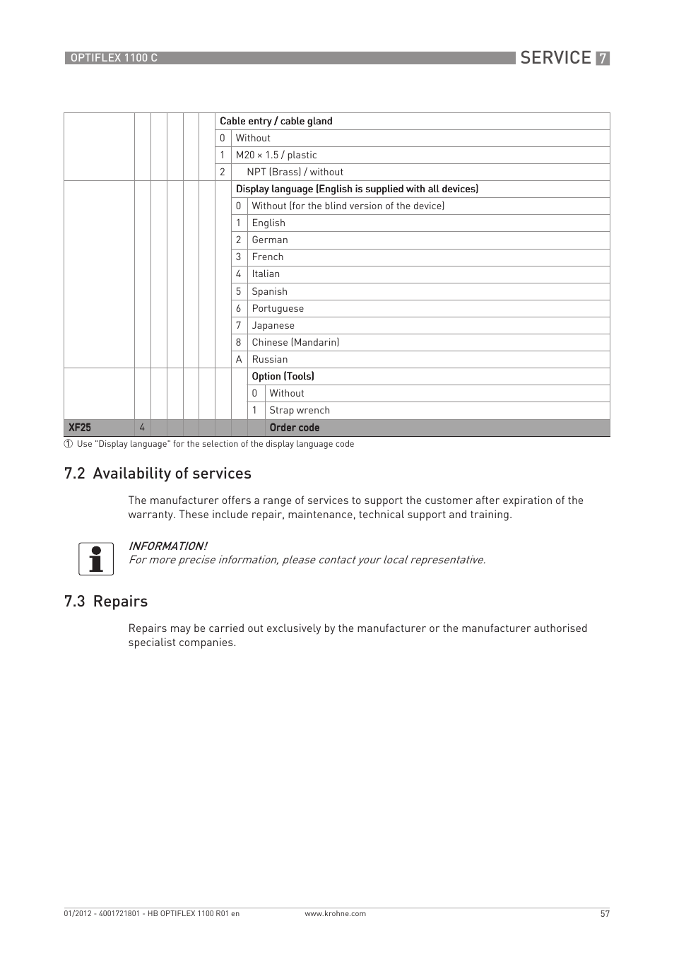 Service, 2 availability of services, 3 repairs | KROHNE OPTIFLEX 1100C EN User Manual | Page 57 / 72