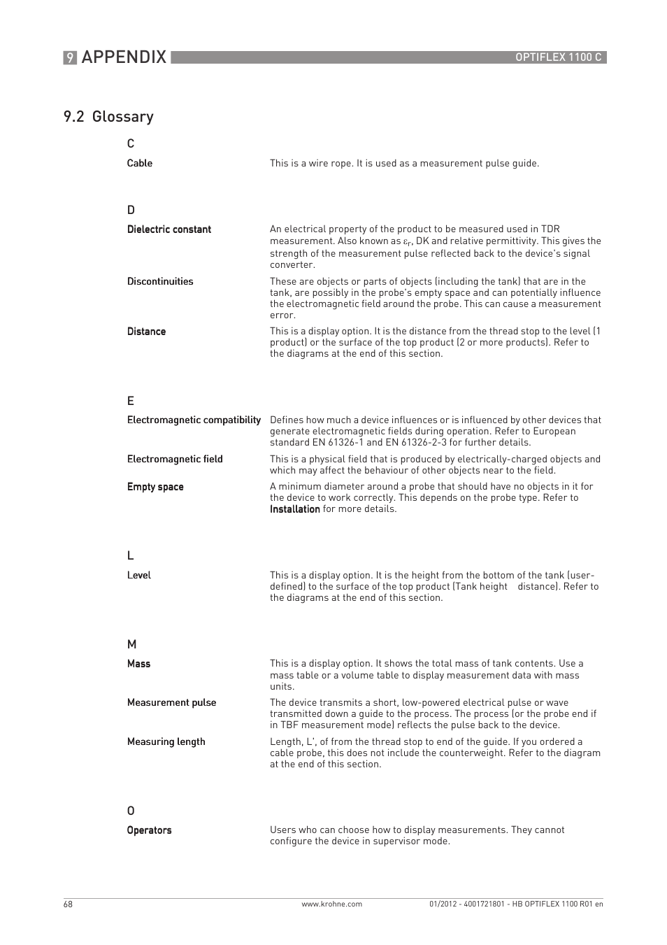 Appendix, 2 glossary | KROHNE OPTIFLEX 1100C EN User Manual | Page 68 / 72