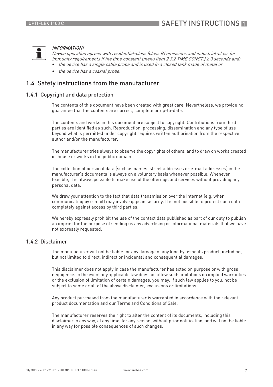 Safety instructions, 4 safety instructions from the manufacturer | KROHNE OPTIFLEX 1100C EN User Manual | Page 7 / 72