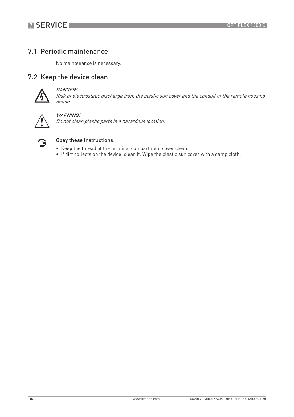 Service, 1 periodic maintenance, 2 keep the device clean | KROHNE OPTIFLEX 1300C EN User Manual | Page 106 / 192