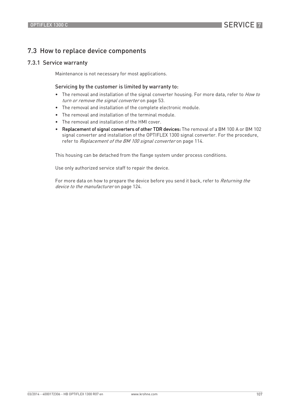 Service, 3 how to replace device components | KROHNE OPTIFLEX 1300C EN User Manual | Page 107 / 192