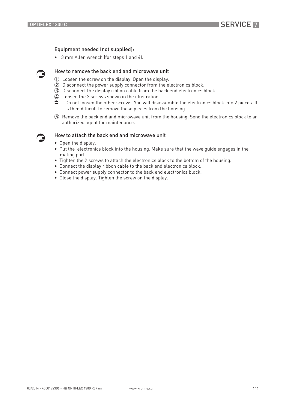 Service | KROHNE OPTIFLEX 1300C EN User Manual | Page 111 / 192