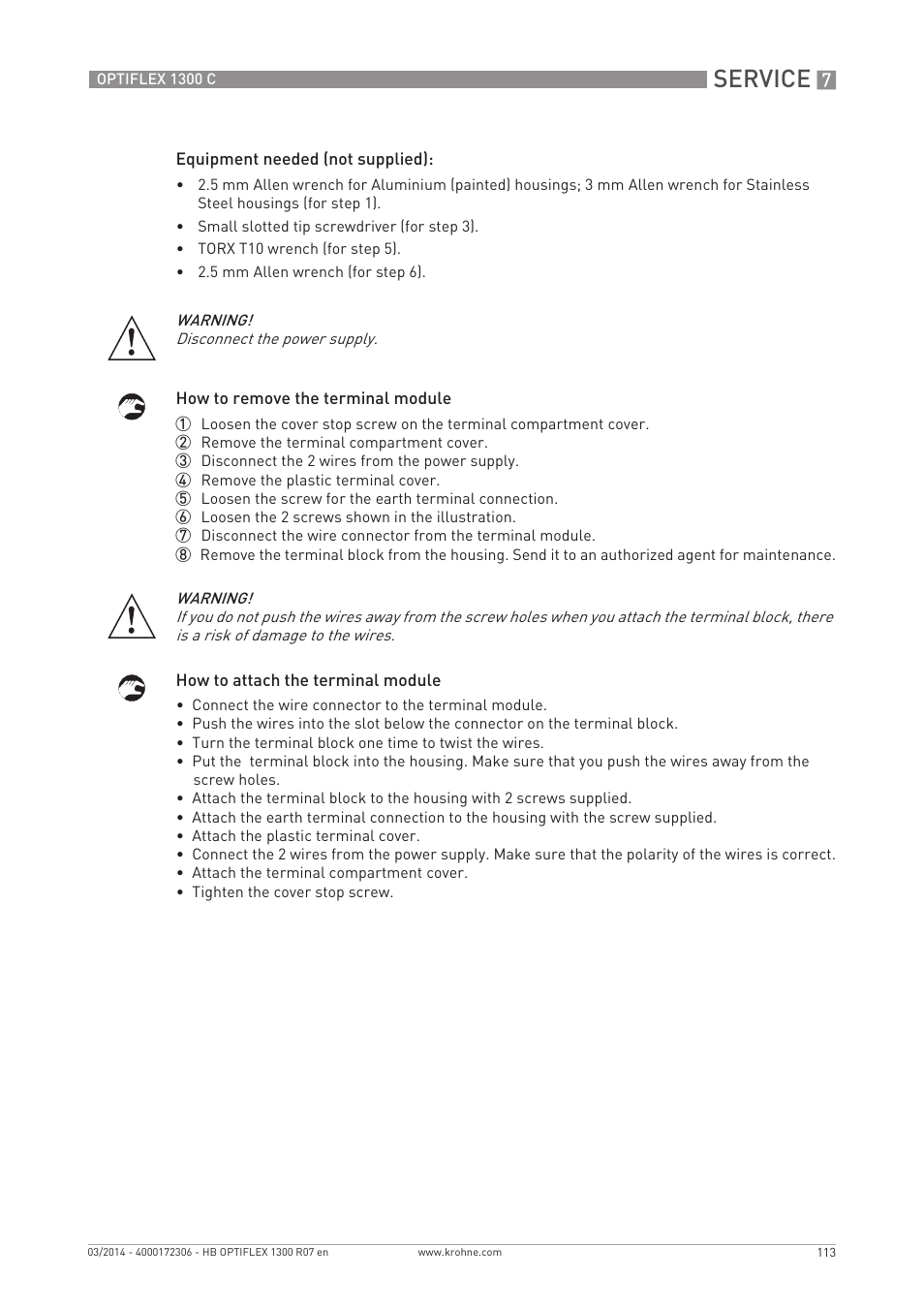 Service | KROHNE OPTIFLEX 1300C EN User Manual | Page 113 / 192