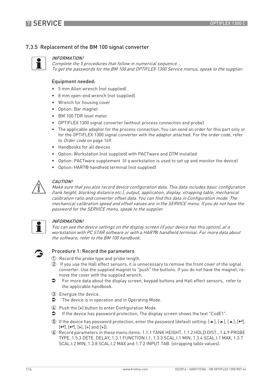 Service, 5 replacement of the bm 100 signal converter | KROHNE OPTIFLEX 1300C EN User Manual | Page 114 / 192