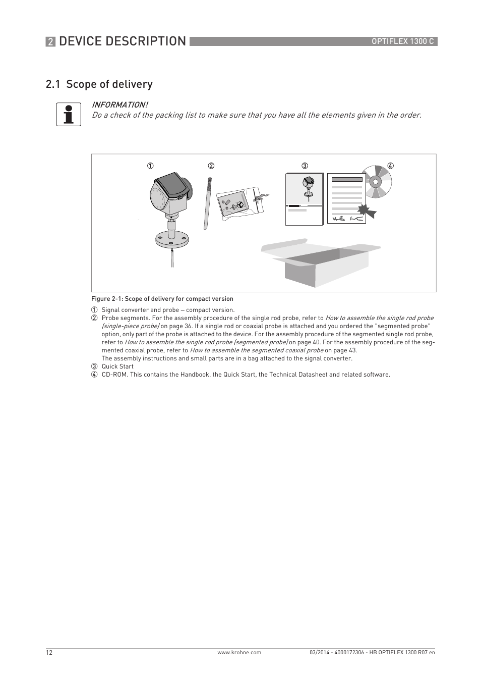 Device description, 1 scope of delivery | KROHNE OPTIFLEX 1300C EN User Manual | Page 12 / 192