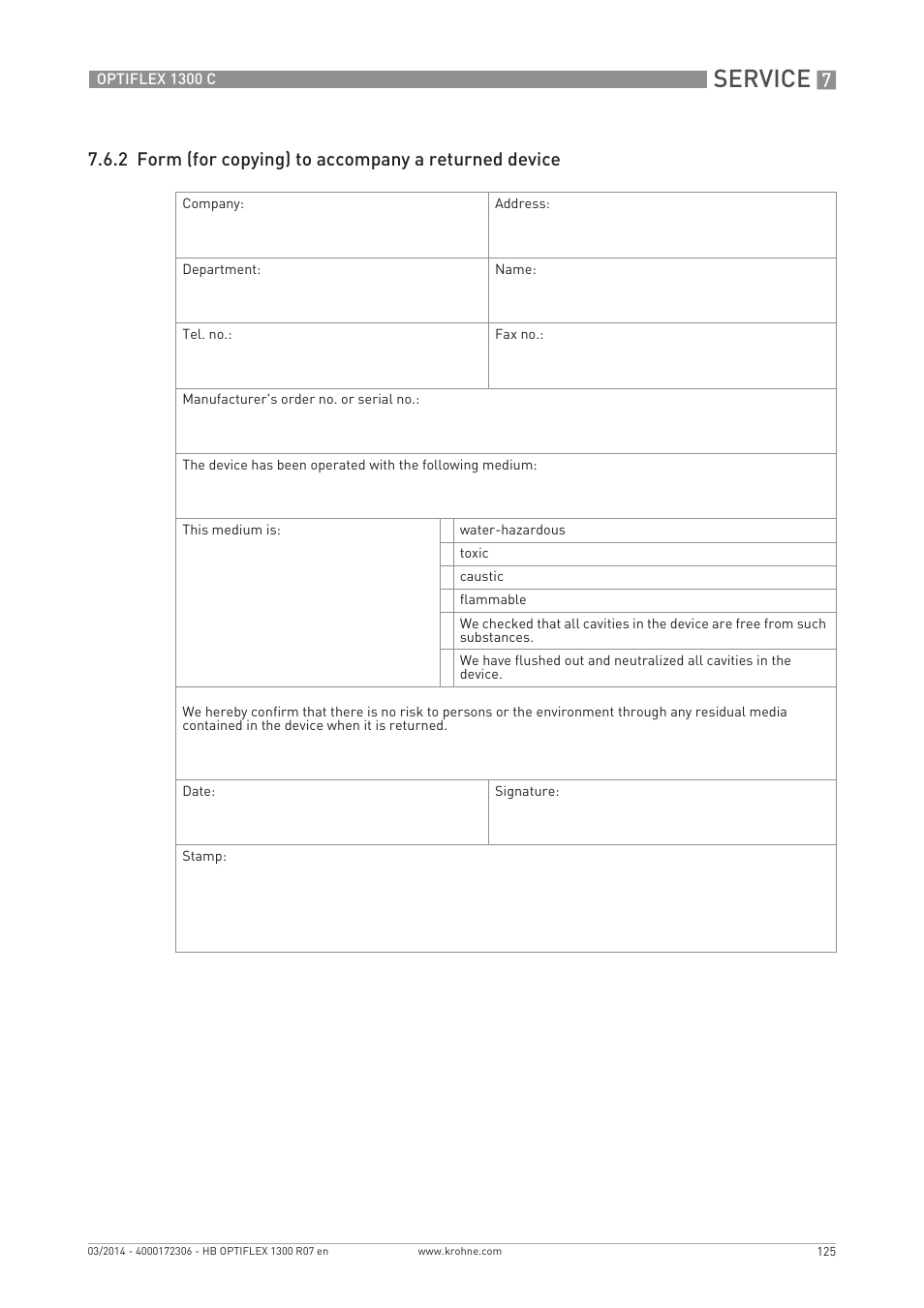 Service | KROHNE OPTIFLEX 1300C EN User Manual | Page 125 / 192