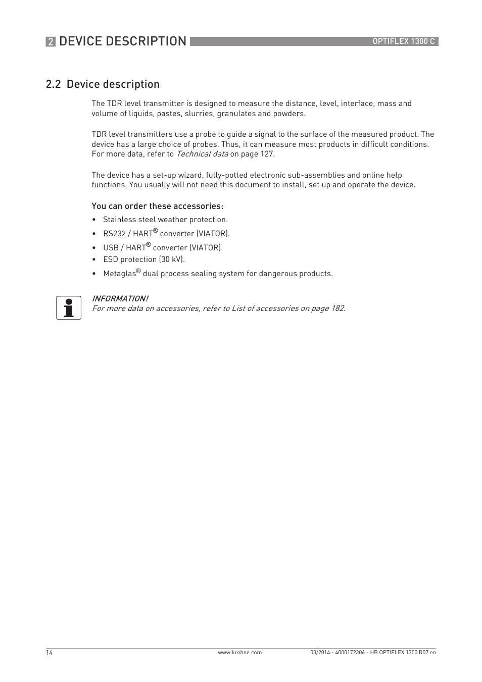 Device description, 2 device description | KROHNE OPTIFLEX 1300C EN User Manual | Page 14 / 192