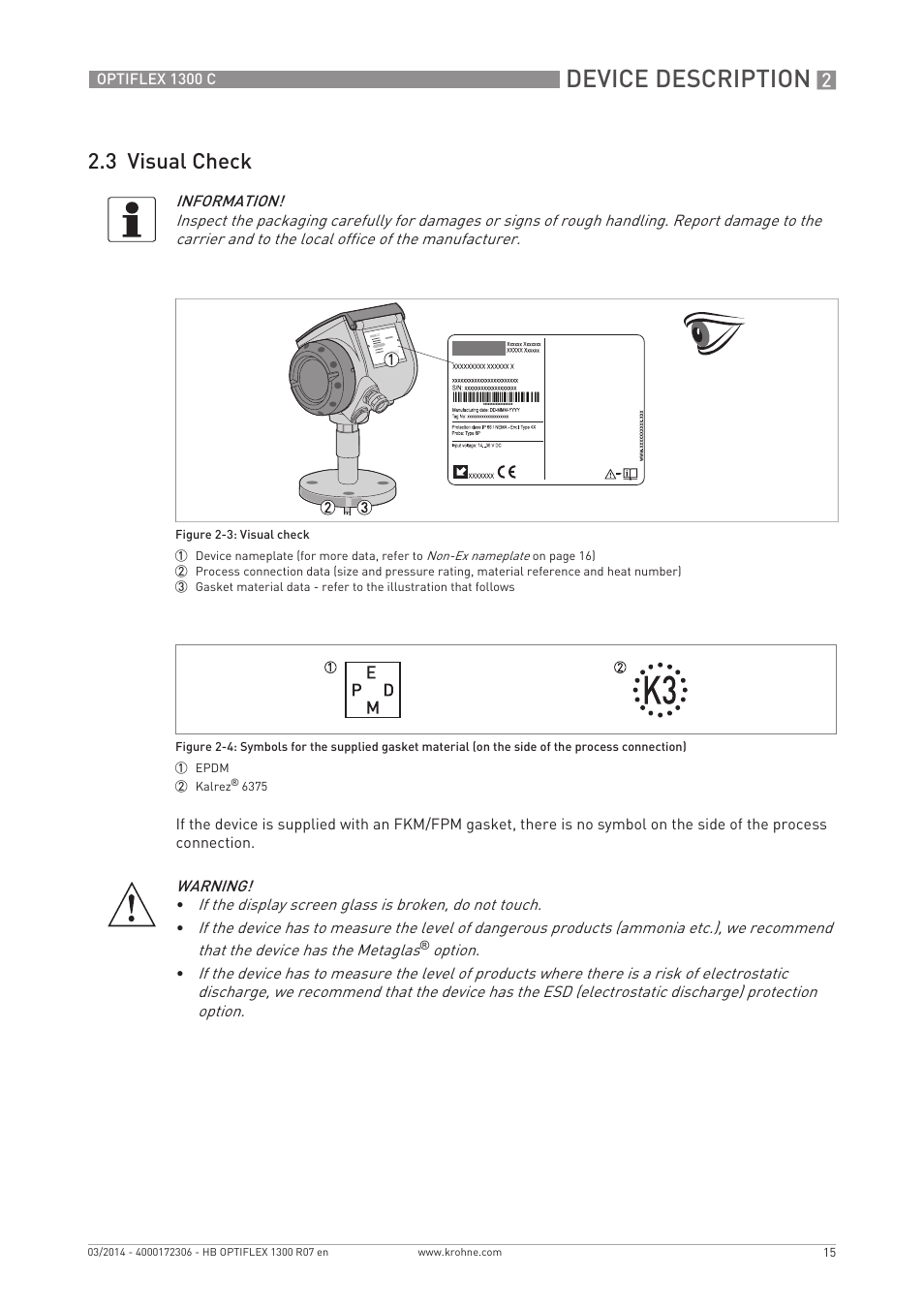 Device description, 3 visual check | KROHNE OPTIFLEX 1300C EN User Manual | Page 15 / 192