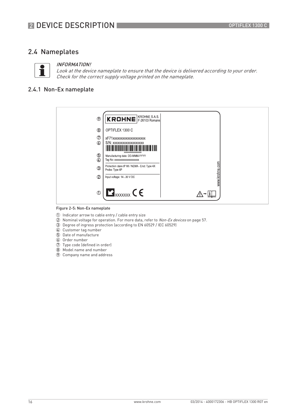 Device description, 4 nameplates, 1 non-ex nameplate | KROHNE OPTIFLEX 1300C EN User Manual | Page 16 / 192