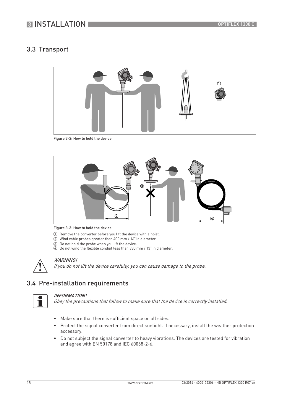 Installation, 3 transport 3.4 pre-installation requirements | KROHNE OPTIFLEX 1300C EN User Manual | Page 18 / 192