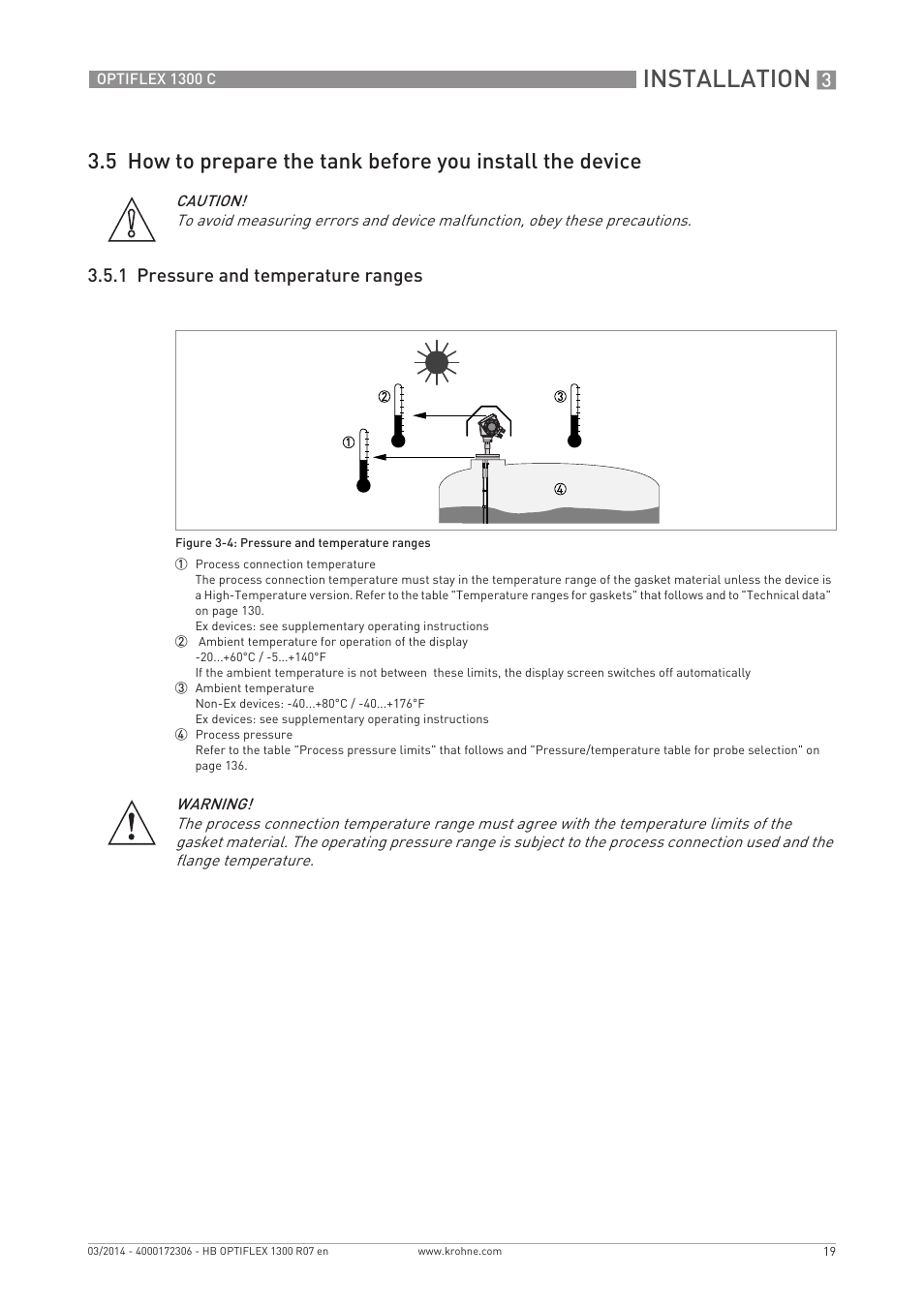 Installation, 1 pressure and temperature ranges | KROHNE OPTIFLEX 1300C EN User Manual | Page 19 / 192