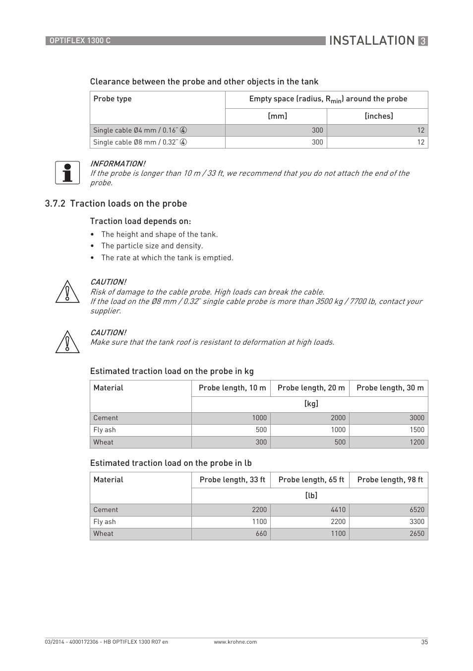 Installation, 2 traction loads on the probe | KROHNE OPTIFLEX 1300C EN User Manual | Page 35 / 192