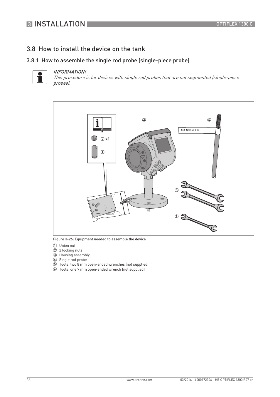 Installation, 8 how to install the device on the tank | KROHNE OPTIFLEX 1300C EN User Manual | Page 36 / 192