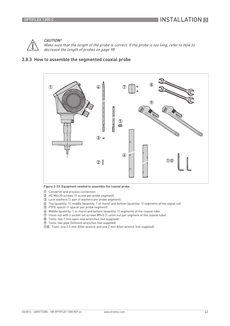 Installation, 3 how to assemble the segmented coaxial probe | KROHNE OPTIFLEX 1300C EN User Manual | Page 43 / 192