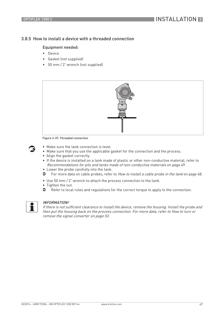 Installation | KROHNE OPTIFLEX 1300C EN User Manual | Page 47 / 192