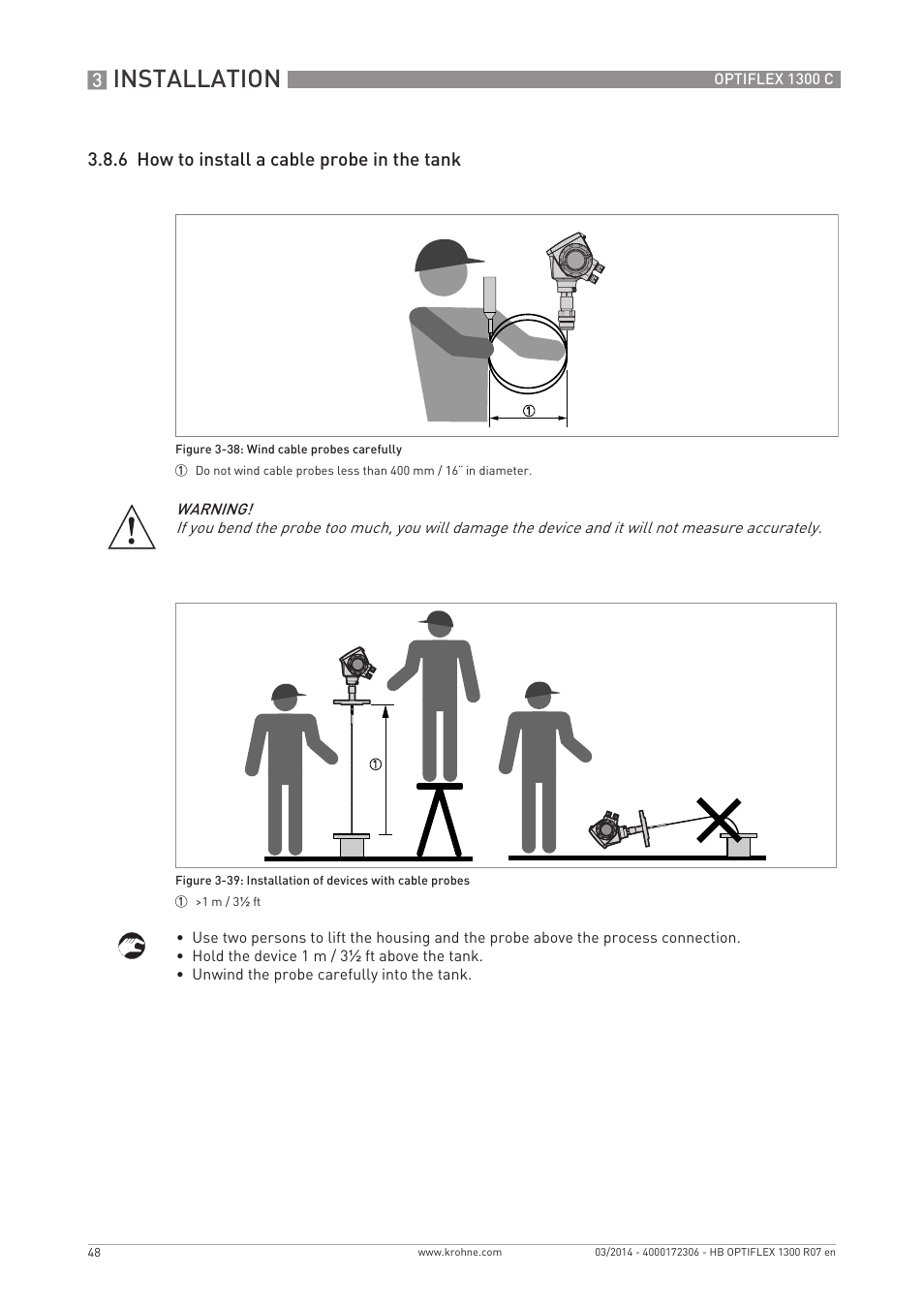 Installation, 6 how to install a cable probe in the tank | KROHNE OPTIFLEX 1300C EN User Manual | Page 48 / 192