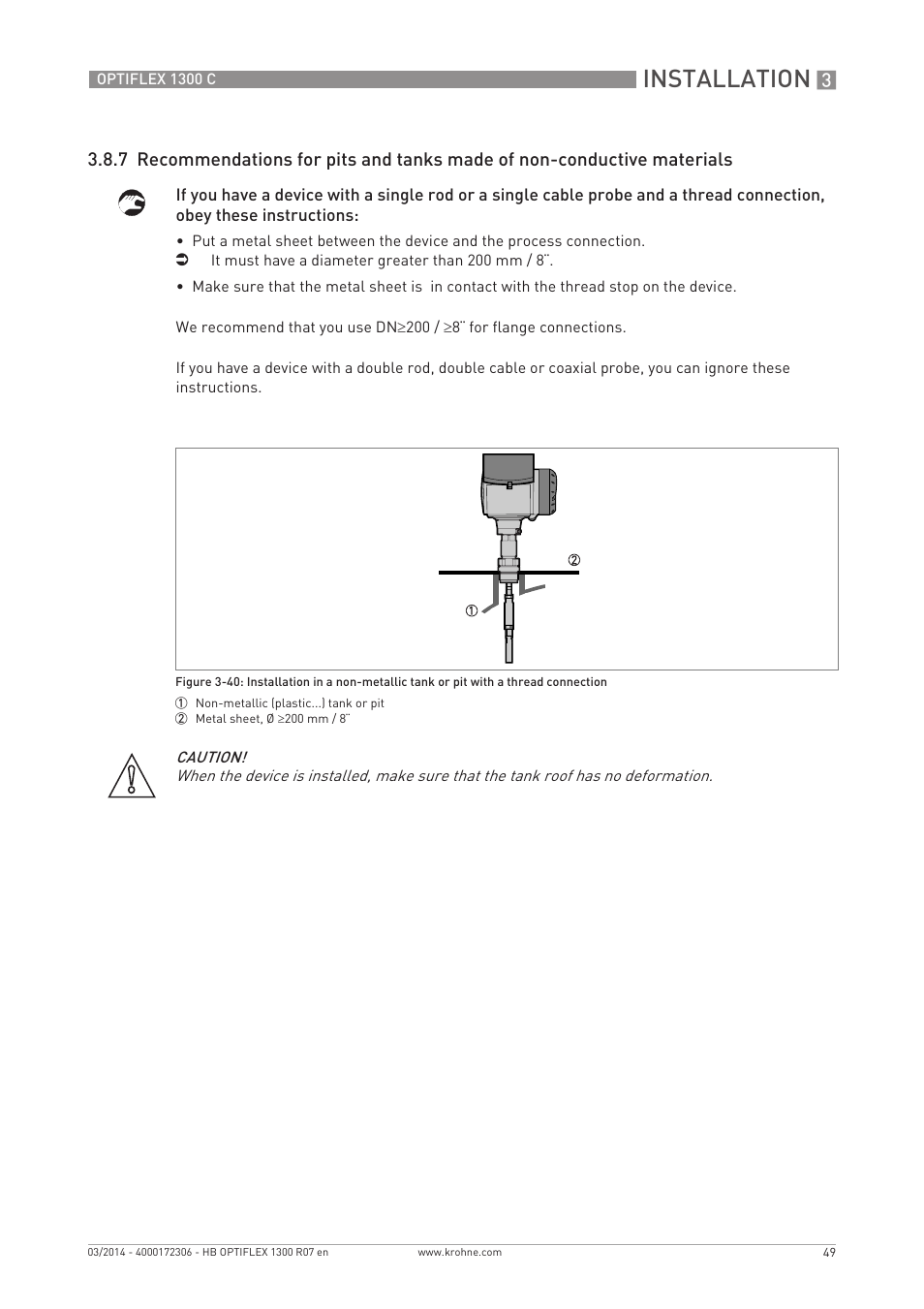 Installation | KROHNE OPTIFLEX 1300C EN User Manual | Page 49 / 192