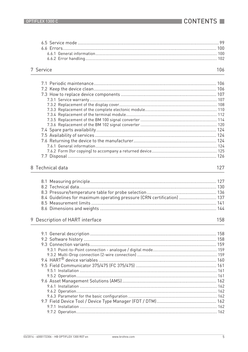 KROHNE OPTIFLEX 1300C EN User Manual | Page 5 / 192