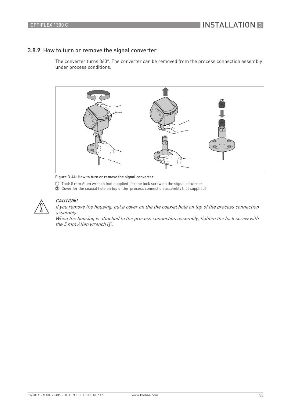 Installation, 9 how to turn or remove the signal converter | KROHNE OPTIFLEX 1300C EN User Manual | Page 53 / 192