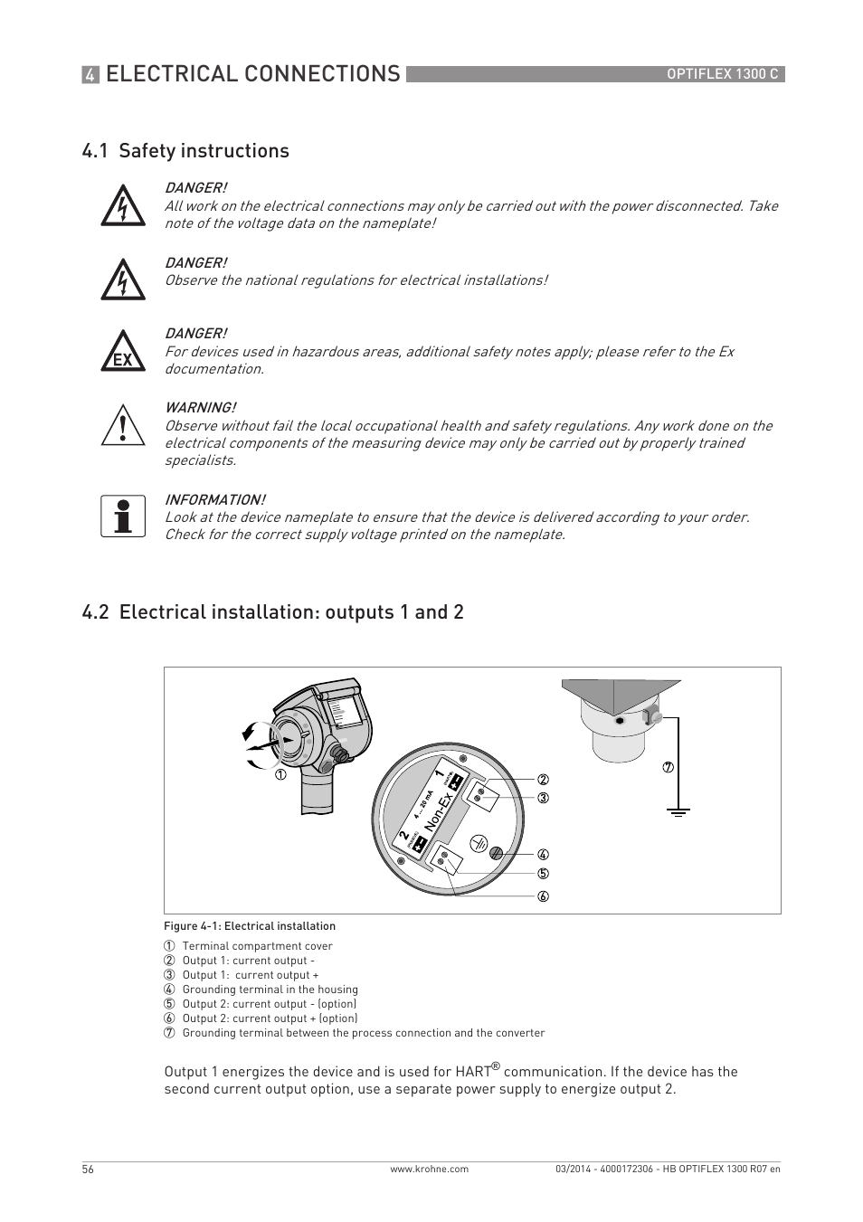 Electrical connections | KROHNE OPTIFLEX 1300C EN User Manual | Page 56 / 192