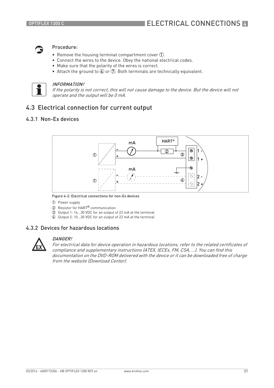 Electrical connections, 3 electrical connection for current output | KROHNE OPTIFLEX 1300C EN User Manual | Page 57 / 192