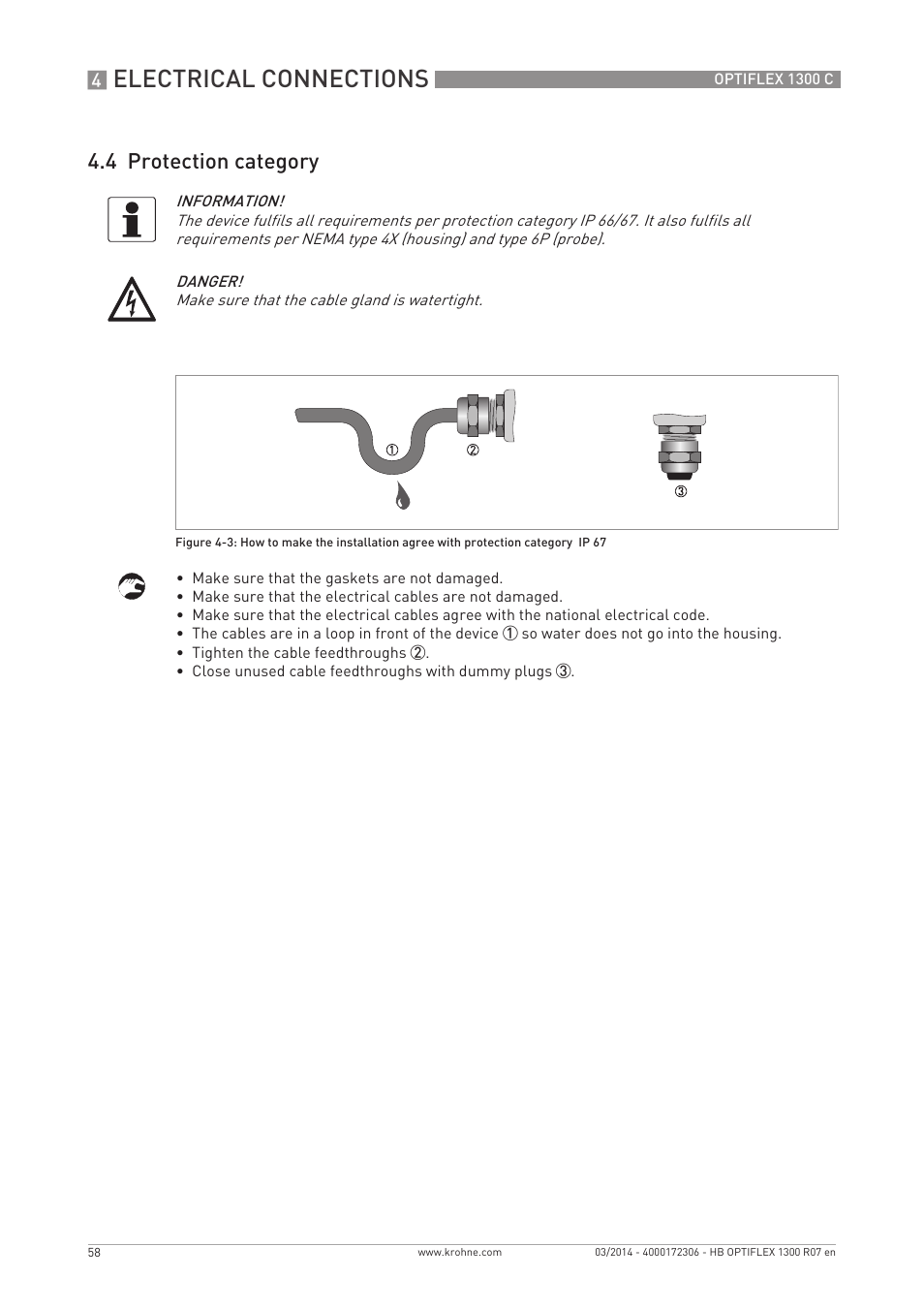 Electrical connections, 4 protection category | KROHNE OPTIFLEX 1300C EN User Manual | Page 58 / 192