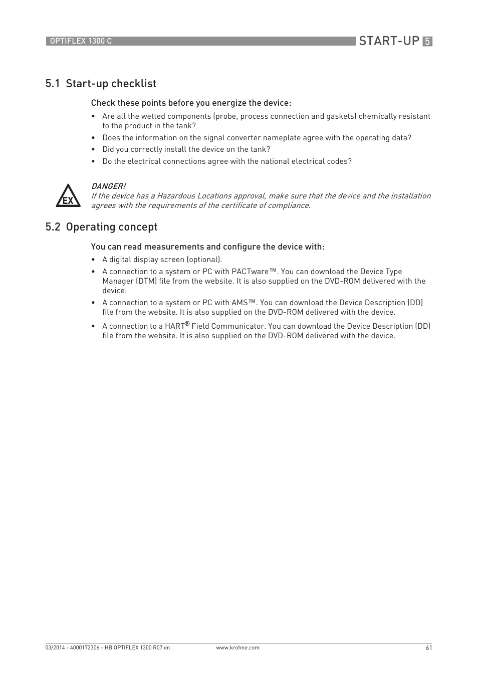 Start-up, 1 start-up checklist, 2 operating concept | KROHNE OPTIFLEX 1300C EN User Manual | Page 61 / 192