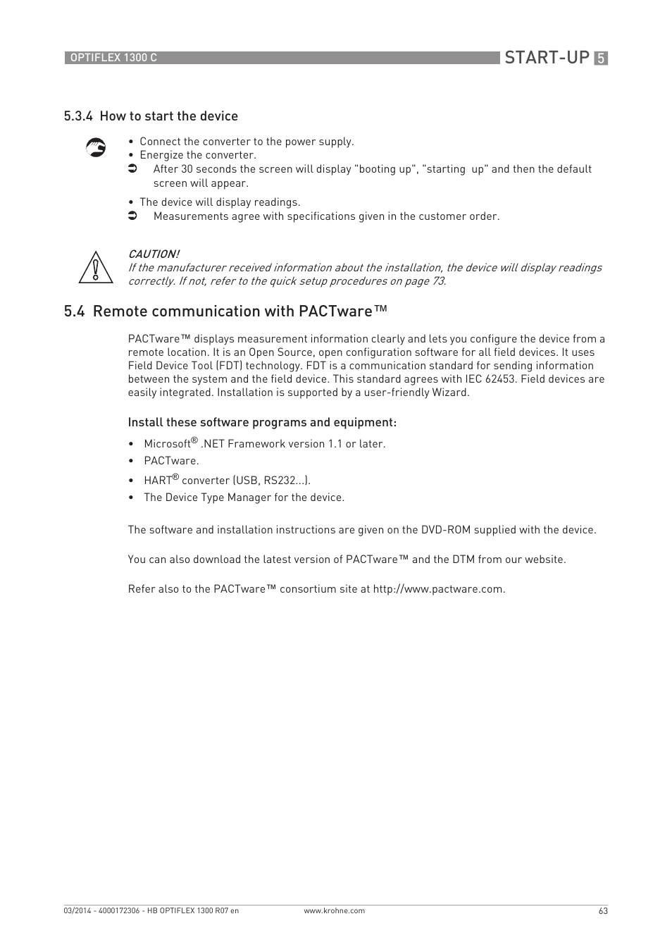 Start-up, 4 remote communication with pactware | KROHNE OPTIFLEX 1300C EN User Manual | Page 63 / 192