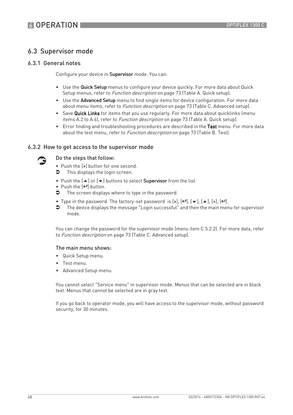 Operation, 3 supervisor mode, 2 how to get access to the supervisor mode | KROHNE OPTIFLEX 1300C EN User Manual | Page 68 / 192