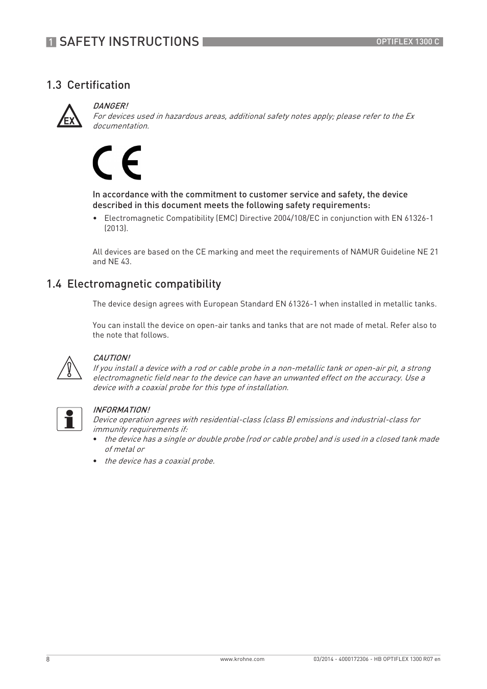 Safety instructions, 3 certification, 4 electromagnetic compatibility | KROHNE OPTIFLEX 1300C EN User Manual | Page 8 / 192