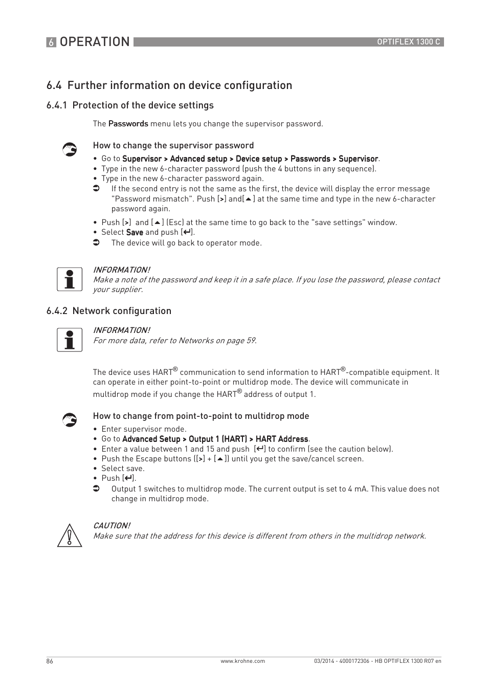 Operation, 4 further information on device configuration, 1 protection of the device settings | 2 network configuration | KROHNE OPTIFLEX 1300C EN User Manual | Page 86 / 192