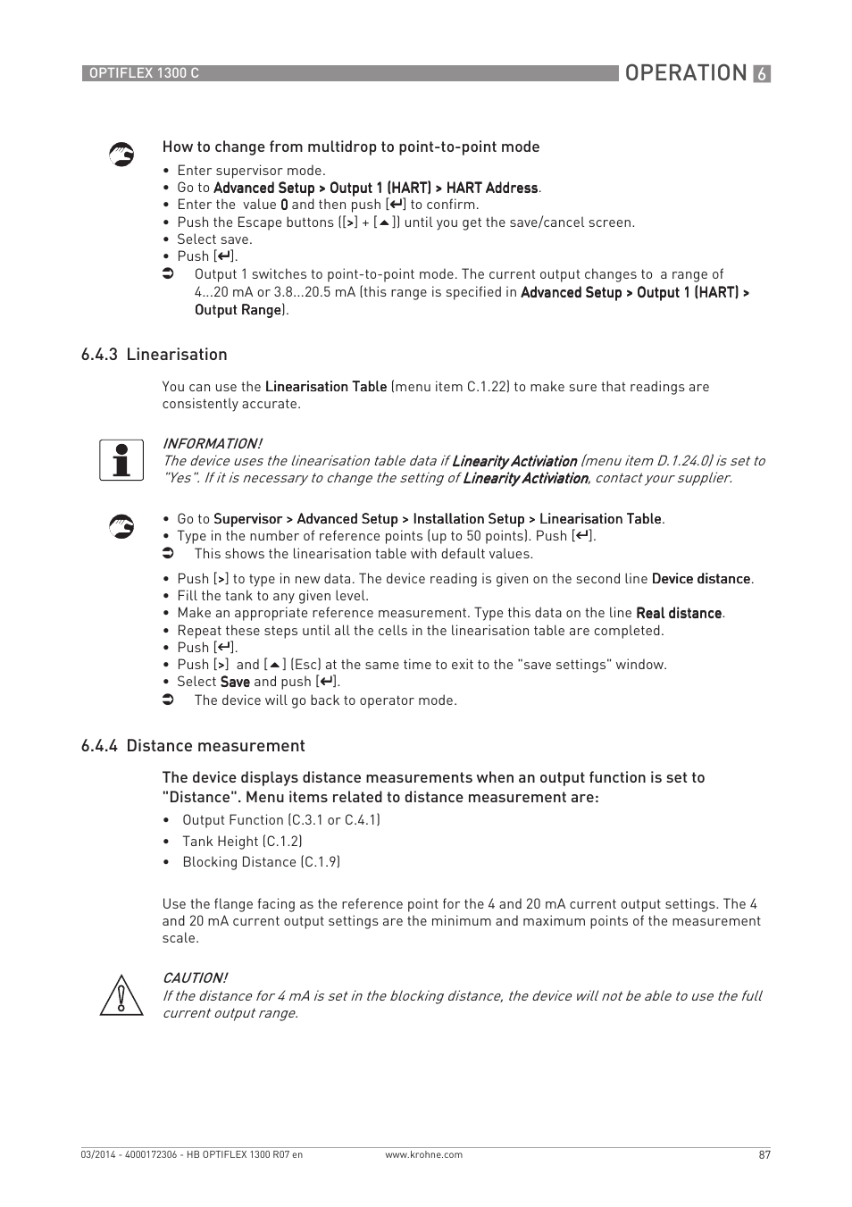 Operation, 3 linearisation, 4 distance measurement | KROHNE OPTIFLEX 1300C EN User Manual | Page 87 / 192