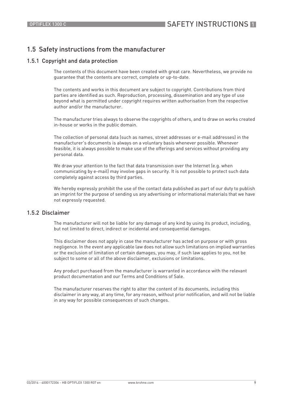 Safety instructions, 5 safety instructions from the manufacturer | KROHNE OPTIFLEX 1300C EN User Manual | Page 9 / 192